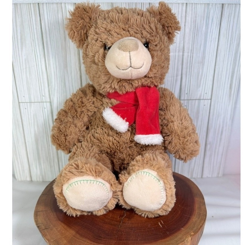 Mary Meyer Brown Shaggy Plush Teddy Bear with Red Scarf Holiday Stuffed Animal